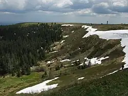 Colina no qual o cume tem uma faixa de neve, a medida que desce para a base, a neve fica menos frequente, na base da colina há uma floresta de pinheiros.