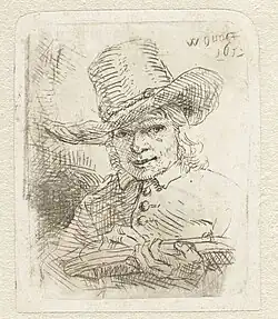 Autorretrato aos 30 anos, água-forte de Willem Drost (1652, Rijksmuseum Amsterdam). O assunto e a técnica são muito próximos aos de seu mestre[92].