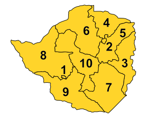 Map of Zimbabwe with the provinces numbered