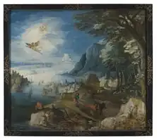 Paisagem com a Queda de Ícaro de Joos de Momper, no Museu Nacional de Belas-Artes da Suécia. Joos de Momper (1564–1635) retomou o tema e a ideia geral de Bruegel, incluindo o lavrador e o pescador, mas Ícaro ainda está no ar, porém em queda.