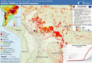 Mapa mostrando a área de incêndios florestais na Bolívia