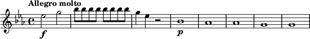 \relative c'' {
\key es \major
\tempo "Allegro molto"
es2\f g |
\repeat unfold 8 { bes8 } |
g4 es r2 |
bes1\p | as | as | g | g |
}
