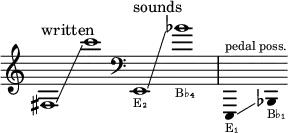 {
\new Staff \with { \remove "Time_signature_engraver" }
\clef treble \key c \major ^ \markup "written" \cadenzaOn
fis1 \glissando c'''1
\clef bass ^ \markup "sounds"
e,1 _ \markup \tiny "E₂"
\glissando bes'1 _ \markup \tiny "B♭₄"
\bar "|" \omit Stem
e,,4 ^ \markup \tiny "pedal poss." _ \markup \tiny "E₁"
\glissando s bes,, _ \markup \tiny "B♭₁"
}