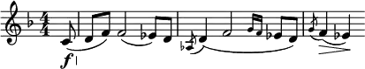 \relative c' { \clef treble \key f \major \numericTimeSignature \time 4/4 \partial 8*1 c8\f(\< | d\! f) f2( ees8) d | \slashedGrace { aes8( } d4)( f2 \grace {g16[ f] } ees8 d) | \slashedGrace { g8( } f4)\>( ees)\! }