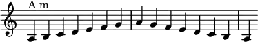 
{
\override Score.TimeSignature #'stencil = ##f
\relative c'
 {
  \clef treble \key c \major \time 7/4
  a4^\markup "A m" b c d e f g a g f e d c b a
 }
}
