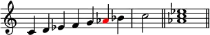 {
\override Score.TimeSignature #'stencil = ##f
\relative c' {
\clef treble
\time 7/4 c4 d es f g \once \override NoteHead.color = #red aes bes \time 2/4 c2 \bar "||"
\time 4/4 <aes c es>1 \bar "||"
} }
