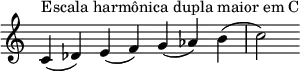 {
\override Score.TimeSignature #'stencil = ##f
\relative c' {
\clef treble \time 7/4
c4^\markup { Escala harmônica dupla maior em C } (des) e (f) g (aes) b (c2)
} }