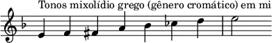 { \key e \locrian \override Score.TimeSignature #'stencil = ##f \relative c' { \clef treble \time 7/4 e4^\markup { Tonos mixolídio grego (gênero cromático) em mi } f fis a bes ces d e2 } }