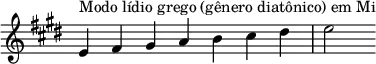 { \key e \major \override Score.TimeSignature #'stencil = ##f \relative c' { \clef treble \time 7/4 e4^\markup { Modo lídio grego (gênero diatônico) em Mi } fis gis a b cis dis e2 } }