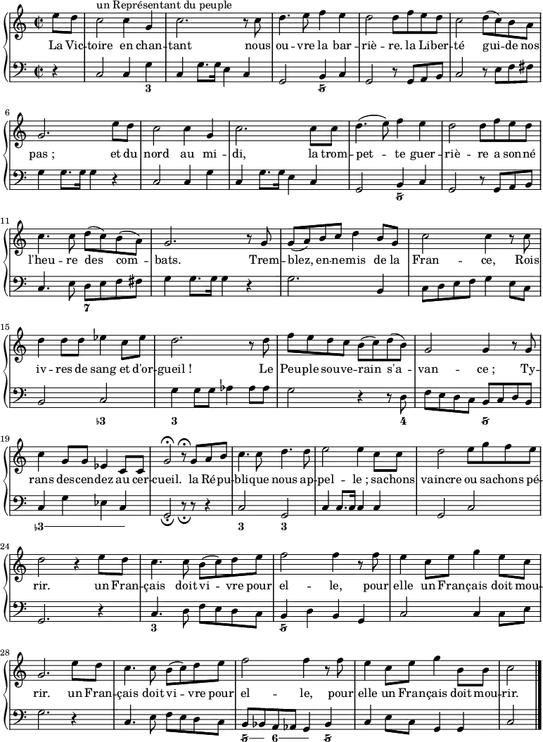 <<
\new PianoStaff
<<
\new Staff = "right" \with {
midiInstrument = "acoustic grand"
} \relative c'' {
\key c \major
\time 2/2
\partial 4
e8 d
c2^\markup { un Représentant du peuple } c4 g
c2. r8 c
d4. e8 f4 e
d2 d8 f e d
c2 d8(c) b a
g2. e'8 d
c2 c4 g
c2. c8 c
d4.( e8) f4 e
d2 d8 f e d
c4. c8 d( c) b( a)
g2. r8 g
g( a) b c d4 b8 g
c2 c4 r8 c
d4 d8 d ees4 c8 ees
d2. r8 d
f e d c b( c) d( b)
g2 g4 r8 g
c4 g8 g ees4 c8 c
g'2\fermata r8\fermata g a b
c4. c8 d4. d8
e2 e4 c8 c
d2 e8 g f e
d2 r4 e8 d
c4. c8 b( c) d e
f2 f4 r8 f
e4 c8 e g4 e8 c
g2. e'8 d
c4. c8 b( c) d e
f2 f4 r8 f
e4 c8 e g4 b,8 b
c2 \bar "|."
}
\addlyrics {
\lyricmode {
La Vic -- toire en chan -- tant nous ou -- vre la bar -- riè -- re.
la Li -- ber -- té gui -- de nos pas_;
et du nord au mi -- di, la trom -- pet -- te guer -- riè -- re
a son -- né l'heu -- re des com -- bats.
Trem -- blez, en -- ne -- mis de la Fran -- ce,
Rois iv -- res de sang et d'or -- gueil_!
Le Peu -- ple sou -- ve -- rain s'a -- van -- ce_;
Ty -- rans des -- cen -- dez au cer -- cueil.
la Ré -- pu -- bli -- que nous ap -- pel -- le_;
sa -- chons vaincre ou sa -- chons pé -- rir.
un Fran -- çais doit vi -- vre pour el -- le,
pour elle un Fran -- çais doit mou -- rir.
un Fran -- çais doit vi -- vre pour el -- le,
pour elle un Fran -- çais doit mou -- rir.
} }
\new Staff = "left" \with {
midiInstrument = "acoustic grand"
} {
\clef bass \relative c' {
\key c \major
\time 2/2
\partial 4
r4
c,2 c4 g'
c, g'8. g16 e4 c
g2 b4 c
g2 r8 g a b
c2 r8 e f fis
g4 g8. g16 g4 r
c,2 c4 g'
c, g'8. g16 e4 c
g2 b4 c
g2 r8 g a b
c4. e8 d e f fis
g4 g8. g16 g4 r
g2. b,4
c8 d e f g4 e8 c
b2 c
g'4 g8 g aes4 aes8 aes
g2 r4 r8 d
f e d c b c d b
c4 g' ees c
g2_\fermata r8_\fermata r r4
c2 g
c4 c8. c16 c4 c
g2 c
g2. r4
c4. d8 f e d c
b4 d b g
c2 c4 c8 e
g2. r4
c,4. e8 f e d c
b bes a aes g4 bes
c e8 c g4 g
c2 \bar "|."
} }
>>
\new FiguredBass \figuremode {
\time 2/2
\partial 4
r4
r2. <3>4
r1
r2 <5/>2
R1*5
r2 <5/>2
r1
r2 <7>2
R1*3
r2 < 3- >2
<3> r
r2.. <4>8
r2 <5/>2
\bassFigureExtendersOn
< 3- >4 < 3- > < 3- > < 3- >
\bassFigureExtendersOff
r1
<3>2 <3>
R1*3
<3>1
<5/>
R1*3
\bassFigureExtendersOn
<5/>8 <5/> <6>4 <6> <5/>
\bassFigureExtendersOff
r1
r2
}
>>