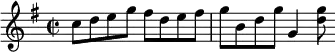 \relative c'' {\clef treble
\time 2/2
\key g \major
c8 d8 e8 g8 fis8 d8 e8 fis8|g8 b,8 d8 g8 g,4 <d' g>8
}
