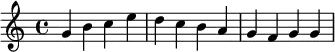 \relative c'{g' b c e d c b a g f g g}