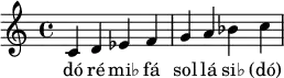 \relative c'{c d ees f g a bes c}
\addlyrics {dó ré "mi♭" fá sol lá "si♭" "(dó)"}