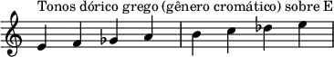  { \override Score.TimeSignature #'stencil = ##f \relative c' { \clef treble \time 4/4 e4^\markup { Tonos dórico grego (gênero cromático) sobre E } f ges a b c des e } } 