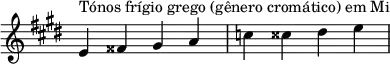  { \key e \major \override Score.TimeSignature #'stencil = ##f \relative c' { \clef treble \time 4/4 e4^\markup { Tónos frígio grego (gênero cromático) em Mi } fisis gis a c cisis dis e } } 