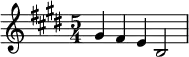 \relative c'' {\time 5/4 \key e \major gis4 fis e b2|}