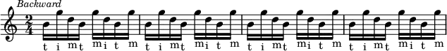 \relative c'' {\clef treble
\time 2/4
\key c \major
\mark \markup { \small \italic "Backward" }
b16-t g'16-i d16-m b16-t g'16-m d16-i b16-t g'16-m | b,16-t g'16-i d16-m b16-t g'16-m d16-i b16-t g'16-m | b,16-t g'16-i d16-m b16-t g'16-m d16-i b16-t g'16-m | b,16-t g'16-i d16-m b16-t g'16-m d16-i b16-t g'16-m
}