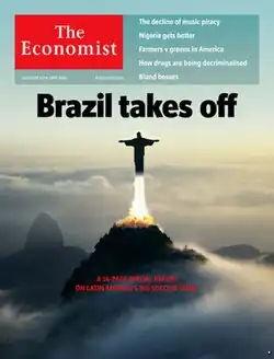 Capa da revista The Economist que mostra a estátua do Cristo Redentor decolando como um foguete. O título, traduzido, é "O Brasil decola".