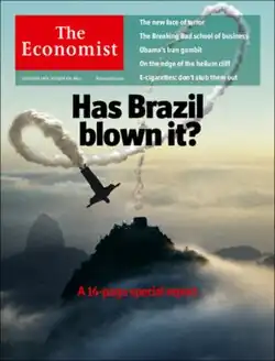 Imagem ao lado mostra outra capa da mesma revista cujo título, traduzido, é "O Brasil estragou tudo?" e o Cristo aparece seguido de um rastro de fumaça com trajeto errante.