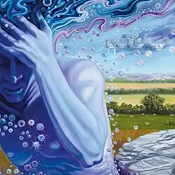 ilustração de uma pessoa azul com bolinhas flutuando em volta e um fundo de campos verdes