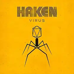 Desenho simples em preto e branco de um vírus bacteriófago ante um fundo amarelo, com o nome da banda e do álbum escritos acima, ao centro.