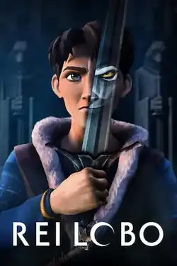 Um homem metade lobo, metade humano segurando uma espada