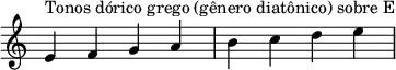  { \override Score.TimeSignature #'stencil = ##f \relative c' { \clef treble \time 4/4 e4^\markup { Tonos dórico grego (gênero diatônico) sobre E } f g a b c d e } } 
