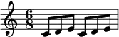 
\relative c' {
  \time 6/8
  c8 d e  c d e
}
