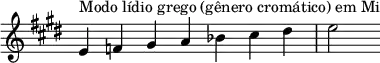 { \key e \major \override Score.TimeSignature #'stencil = ##f \relative c' { \clef treble \time 7/4 e4^\markup { Modo lídio grego (gênero cromático) em Mi } f gis a bes cis dis e2 } }