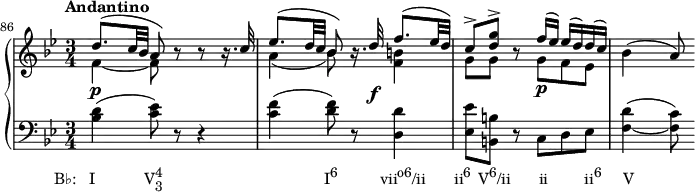 {
#(set-global-staff-size 15)
\override Score.SpacingSpanner.uniform-stretching = ##t
\set Score.proportionalNotationDuration = #(ly:make-moment 1/8)
\new PianoStaff <<
\new Staff <<
\new Voice \relative c'' {
\override DynamicLineSpanner.staff-padding = #4
\set Score.currentBarNumber = #86
\bar ""
\tempo "Andantino"
\clef treble \key bes \major \time 3/4
\stemUp
d8.^( c32 bes a8) r r r16. c32
es8.^( d32 c bes8) r16. d32\f f8.^( es32 d)
c8^> <d g>^> r8 f16^( es) es^( d) d^( c)
\stemNeutral bes4( a8)
}
\new Voice \relative c' {
\stemDown
f4_~\p f8 s s4
a4_( bes8) s <f b>4
g8 g s g\p f es
}
>>
\new Staff <<
\new Voice \relative c' {
\clef bass \key bes \major \time 3/4
<bes d>4(_\markup { \concat { \translate #'(-5.5 . 0) { "B♭: I" \hspace #7 "V" \combine \raise #1 \small 4 \lower #1 \small 3 \hspace #23 "I" \raise #1 \small "6" \hspace #6 "vii" \raise #1 \small "o6" "/ii" \hspace #4 "ii" \raise #1 \small "6" \hspace #1 "V" \raise #1 \small "6" "/ii" \hspace #4 "ii" \hspace #5.2 "ii" \raise #1 \small "6" \hspace #3 "V" } } }
<c es>8) r r4
<c f>4( <d f>8) r <d, d'>4
<es es'>8 <b b'> r c d es
<f_~ d'>4( <f c'>8)
}
>>
>> }