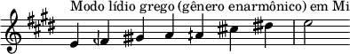 { \key e \major \override Score.TimeSignature #'stencil = ##f \relative c' { \clef treble \time 7/4 e4^\markup { Modo lídio grego (gênero enarmônico) em Mi } feh gisih a aih cisih disih e2 } }