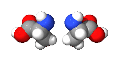 Animation of two mirror image molecules rotating around a central axis.