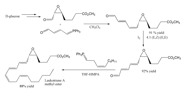 Un exemplo do uso da reação de Wittig em síntese, dando lugar ao éster metílico do Leucotrieno A
