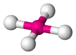 Skeletal model of a planar molecule with a central atom symmetrically bonded to four peripheral (fluorine) atoms.