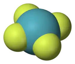 Um modelo da molécula química, com um átomo central azul (Xe) simetricamente ligado a quatro átomos periféricos verdes (F).