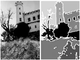 Uma imagem em RGB e a segmentação encontrada pelo método SRM  .