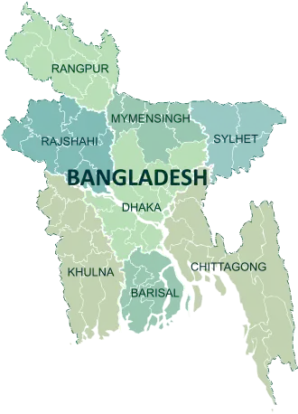 Um mapa clicável do Bangladesh exibindo suas divisões.