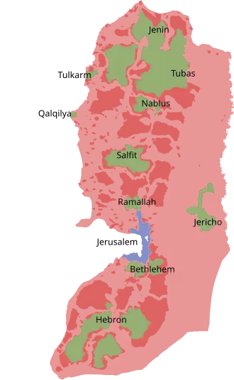 Mapa do status da Cisjordânia (2017) • Em azul: a área de Jerusalém Oriental anexada ilegalmente pelo Estado de Israel • Em verde: área controlada por civis palestinos • Em rosa: território sob ocupação por colonos de Israel