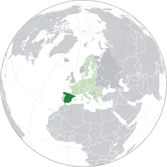 Localização da Espanha (em verde escuro) Localização na União Europeia (em verde claro)