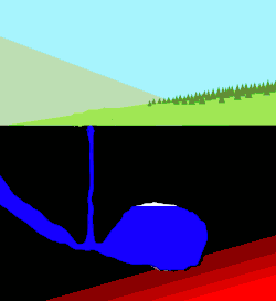 Desenho mostrando como o gêiser entra em erupção, com a água sendo expelida para cima.