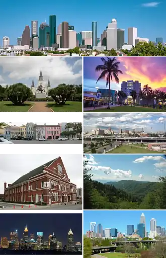 Da esquerda para a direita a partir do topo: Vista de Houston, Jackson Square em Nova Orleans, Florida International University em Miami, Rainbow Row em Charleston, Ryman Auditorium em Nashville, Great Smoky Mountains, horizonte de Atlanta, horizonte de Charlotte