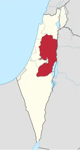 Mapa de Israel, com a área da Judeia e Samaria (excluindo Jerusalém Oriental) destacada em vermelho