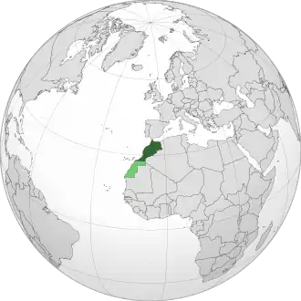 Localização de Marrocos (verde escuro) e da região do Saara Ocidental (verde claro), região em disputa com a República Saarauí.