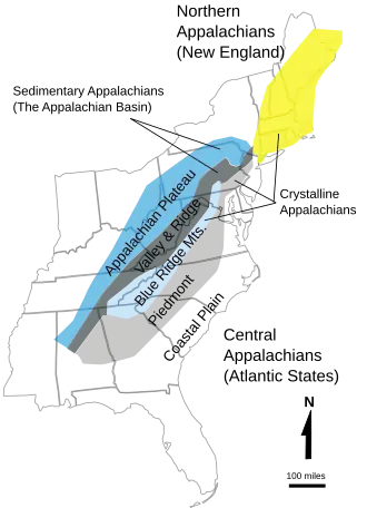 Localização das subcordilheiras dos Montes Apalaches