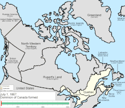 When Canada was formed in 1867 its provinces were a relatively narrow strip in the southeast, with vast territories in the interior. It grew by adding British Columbia in 1871, P.E.I. in 1873, the British Arctic Islands in 1880, and Newfoundland in 1949; meanwhile, its provinces grew both in size and number at the expense of its territories.