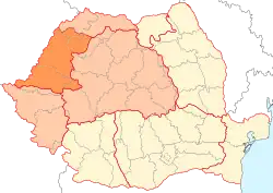 A parte romena da Crișana (em laranja) no mapa da Romênia