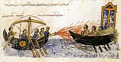 "The Roman Fleet Setting Ablaze the Enemy Fleet", uma imagem anônima do século XII do Códice Escilitzes Matritense. Biblioteca Nacional de Madri, Vitr. 26-2, Bild-Nr. 77, f 34 v. b.