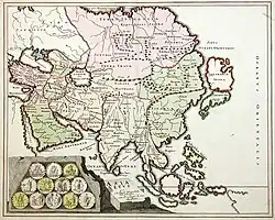Este mapa de 1719 da "antiga Ásia" (Asia Vetus) divide a Sarmácia em Sarmácia Europeia e Sarmácia Asiática. A fronteira continental é feita ao longo do Tánais (Don), o Volga e o Duína do Norte.