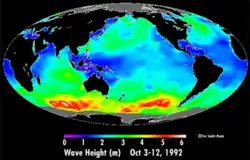 Mapa da média de amplitude de ondas no período de 3 a 12 de outubro de 1992, feito pela NASA.
