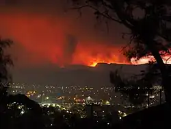 Fotografia entardecer de um vale povoado. A linha das montanhas ao fundo exibe o contorno vermelho vívido dos incêndios.